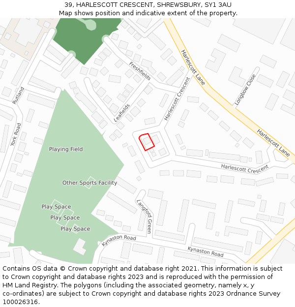 39, HARLESCOTT CRESCENT, SHREWSBURY, SY1 3AU: Location map and indicative extent of plot