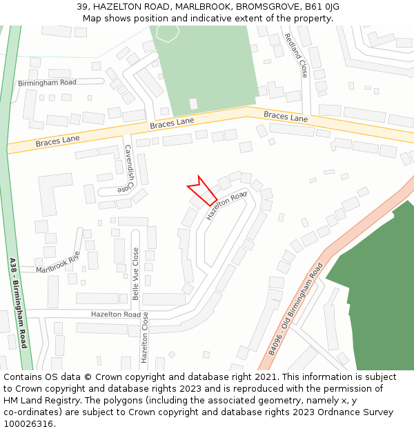 39, HAZELTON ROAD, MARLBROOK, BROMSGROVE, B61 0JG: Location map and indicative extent of plot