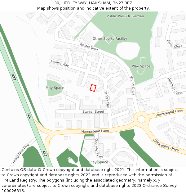 39, HEDLEY WAY, HAILSHAM, BN27 3FZ: Location map and indicative extent of plot