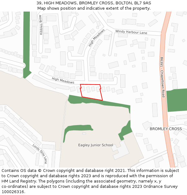 39, HIGH MEADOWS, BROMLEY CROSS, BOLTON, BL7 9AS: Location map and indicative extent of plot