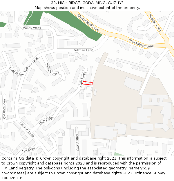 39, HIGH RIDGE, GODALMING, GU7 1YF: Location map and indicative extent of plot
