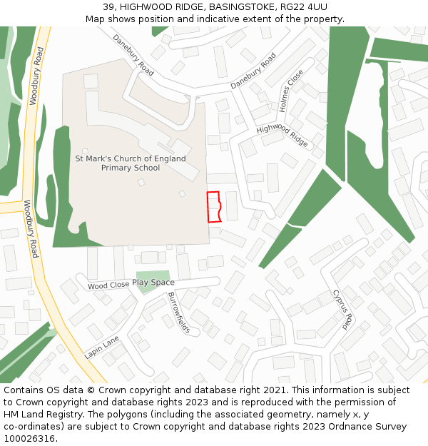 39, HIGHWOOD RIDGE, BASINGSTOKE, RG22 4UU: Location map and indicative extent of plot