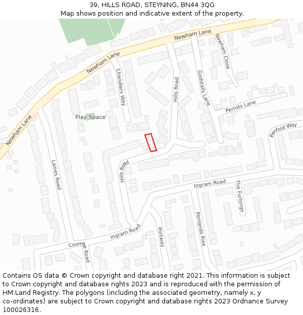 39, HILLS ROAD, STEYNING, BN44 3QG: Location map and indicative extent of plot