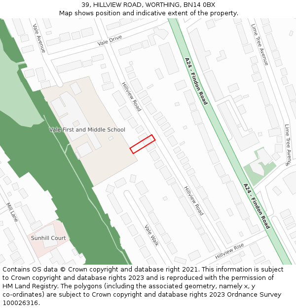 39, HILLVIEW ROAD, WORTHING, BN14 0BX: Location map and indicative extent of plot
