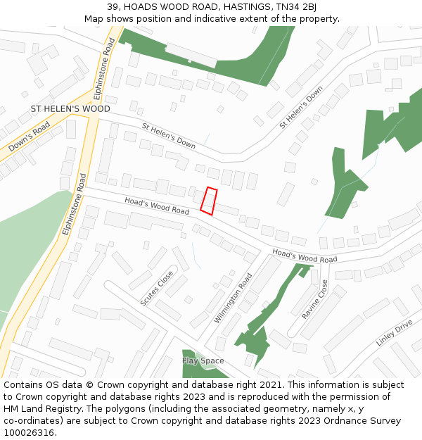 39, HOADS WOOD ROAD, HASTINGS, TN34 2BJ: Location map and indicative extent of plot