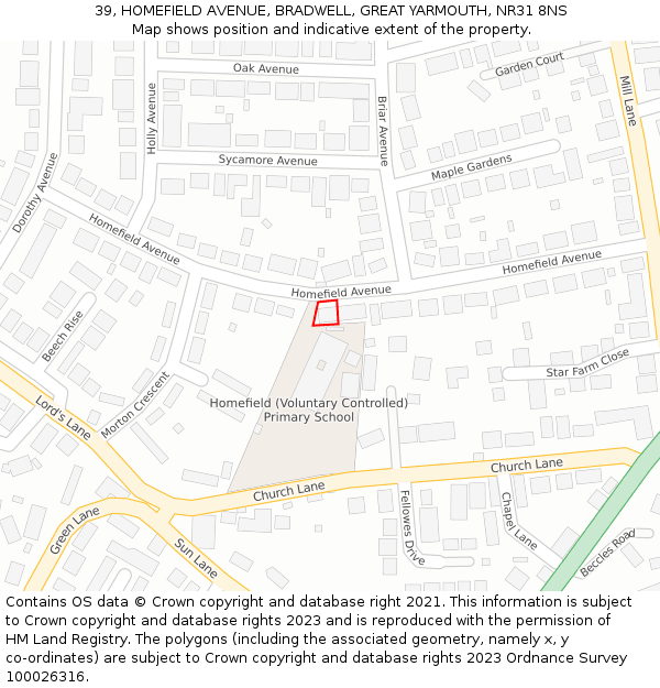 39, HOMEFIELD AVENUE, BRADWELL, GREAT YARMOUTH, NR31 8NS: Location map and indicative extent of plot