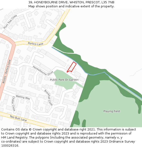39, HONEYBOURNE DRIVE, WHISTON, PRESCOT, L35 7NB: Location map and indicative extent of plot