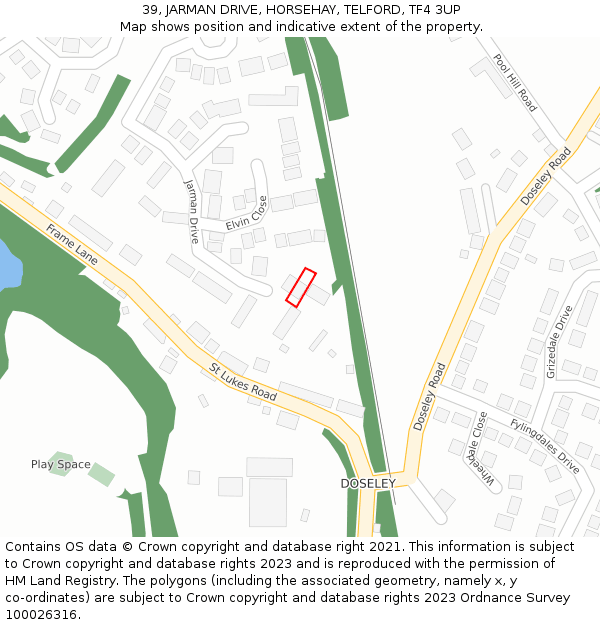 39, JARMAN DRIVE, HORSEHAY, TELFORD, TF4 3UP: Location map and indicative extent of plot