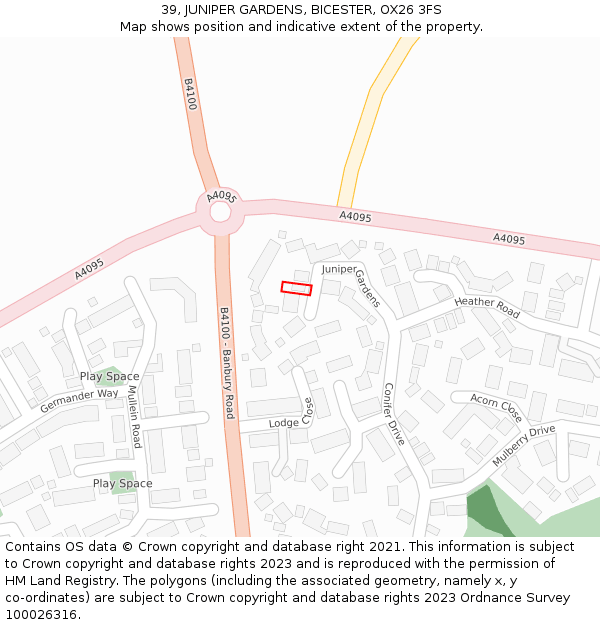39, JUNIPER GARDENS, BICESTER, OX26 3FS: Location map and indicative extent of plot