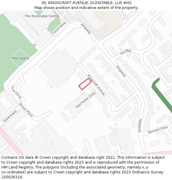 39, KINGSCROFT AVENUE, DUNSTABLE, LU5 4HQ: Location map and indicative extent of plot