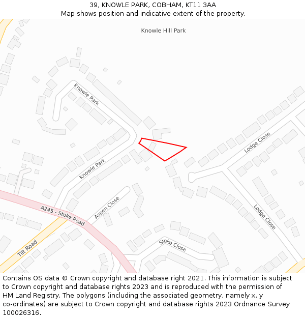 39, KNOWLE PARK, COBHAM, KT11 3AA: Location map and indicative extent of plot