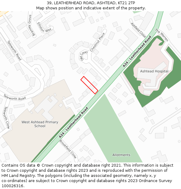 39, LEATHERHEAD ROAD, ASHTEAD, KT21 2TP: Location map and indicative extent of plot