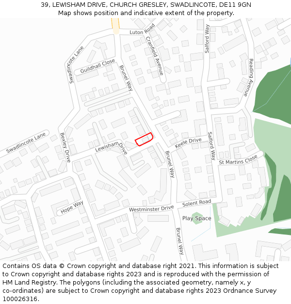 39, LEWISHAM DRIVE, CHURCH GRESLEY, SWADLINCOTE, DE11 9GN: Location map and indicative extent of plot
