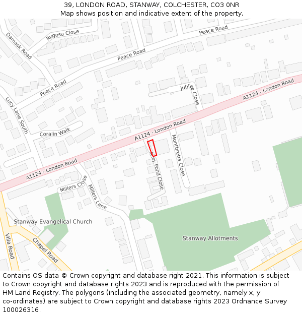 39, LONDON ROAD, STANWAY, COLCHESTER, CO3 0NR: Location map and indicative extent of plot