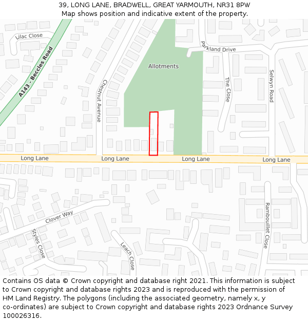39, LONG LANE, BRADWELL, GREAT YARMOUTH, NR31 8PW: Location map and indicative extent of plot