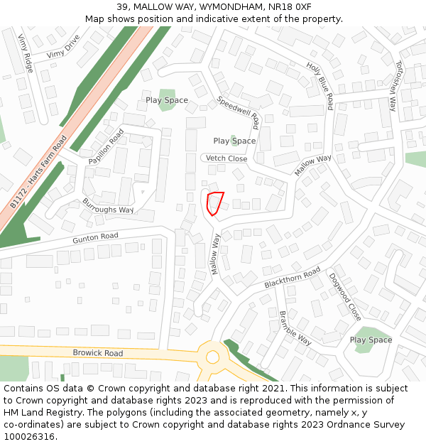 39, MALLOW WAY, WYMONDHAM, NR18 0XF: Location map and indicative extent of plot