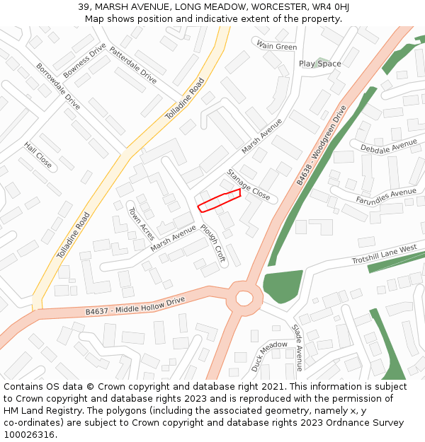 39, MARSH AVENUE, LONG MEADOW, WORCESTER, WR4 0HJ: Location map and indicative extent of plot