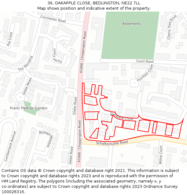 39, OAKAPPLE CLOSE, BEDLINGTON, NE22 7LL: Location map and indicative extent of plot