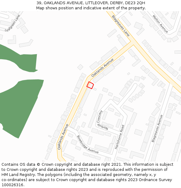 39, OAKLANDS AVENUE, LITTLEOVER, DERBY, DE23 2QH: Location map and indicative extent of plot