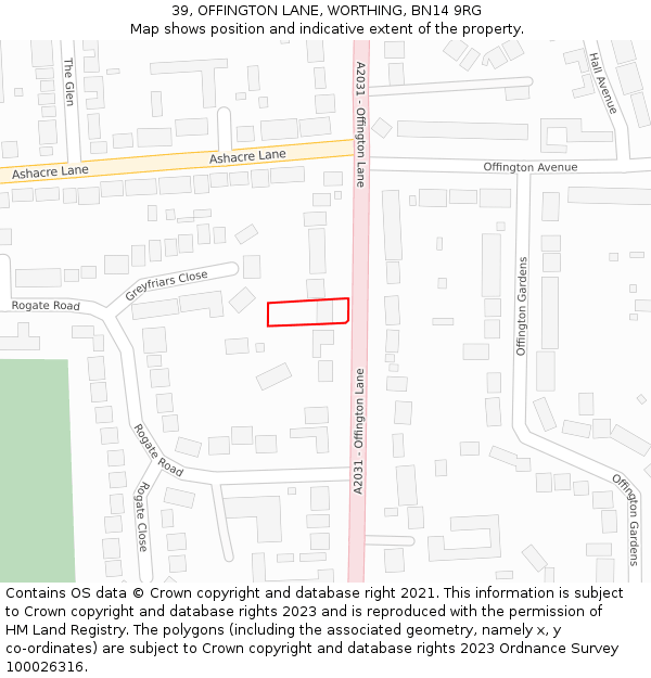 39, OFFINGTON LANE, WORTHING, BN14 9RG: Location map and indicative extent of plot