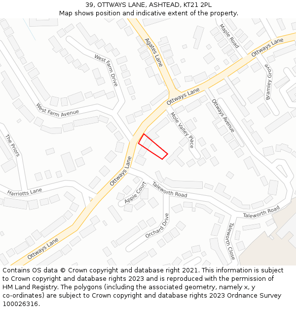 39, OTTWAYS LANE, ASHTEAD, KT21 2PL: Location map and indicative extent of plot
