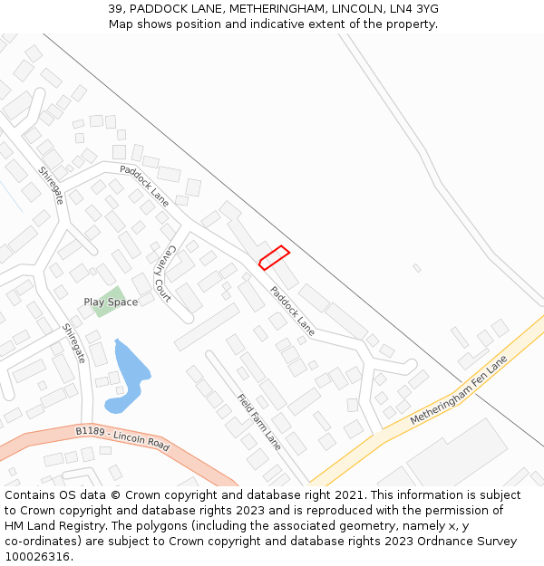 39, PADDOCK LANE, METHERINGHAM, LINCOLN, LN4 3YG: Location map and indicative extent of plot