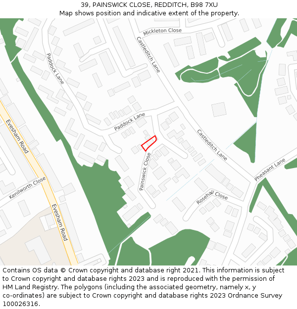 39, PAINSWICK CLOSE, REDDITCH, B98 7XU: Location map and indicative extent of plot