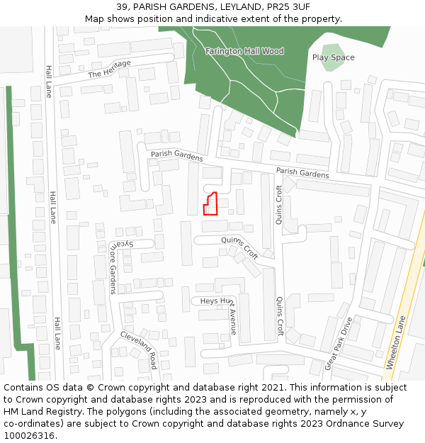 39, PARISH GARDENS, LEYLAND, PR25 3UF: Location map and indicative extent of plot