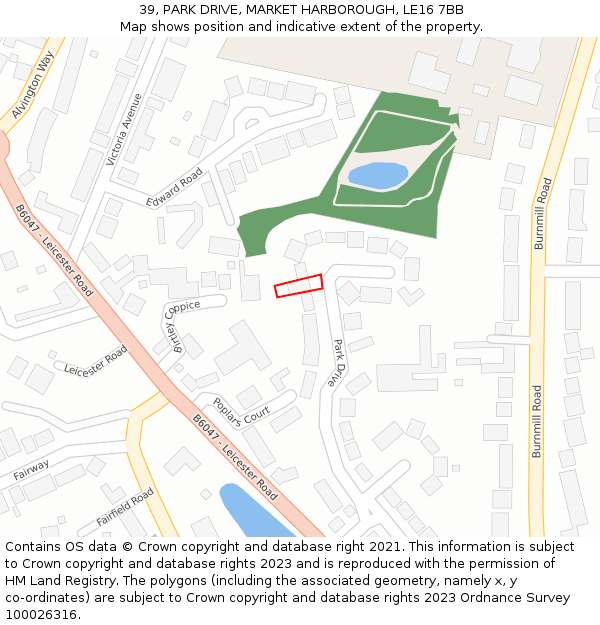 39, PARK DRIVE, MARKET HARBOROUGH, LE16 7BB: Location map and indicative extent of plot