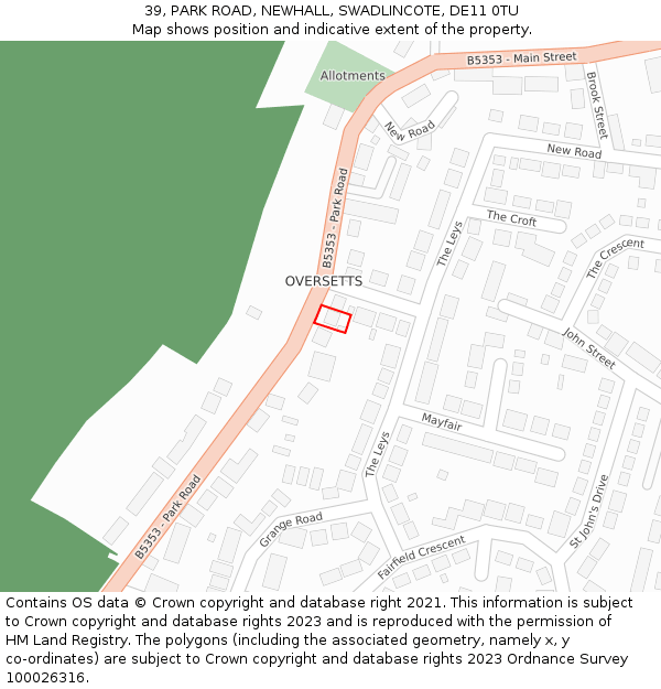 39, PARK ROAD, NEWHALL, SWADLINCOTE, DE11 0TU: Location map and indicative extent of plot