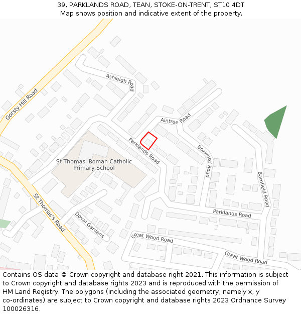39, PARKLANDS ROAD, TEAN, STOKE-ON-TRENT, ST10 4DT: Location map and indicative extent of plot