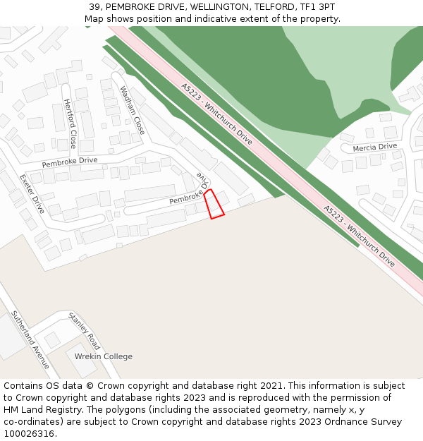 39, PEMBROKE DRIVE, WELLINGTON, TELFORD, TF1 3PT: Location map and indicative extent of plot