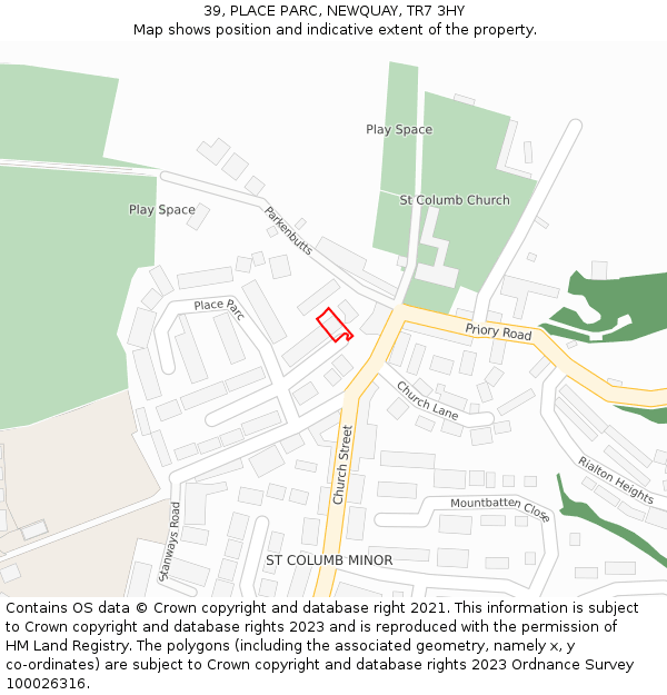 39, PLACE PARC, NEWQUAY, TR7 3HY: Location map and indicative extent of plot