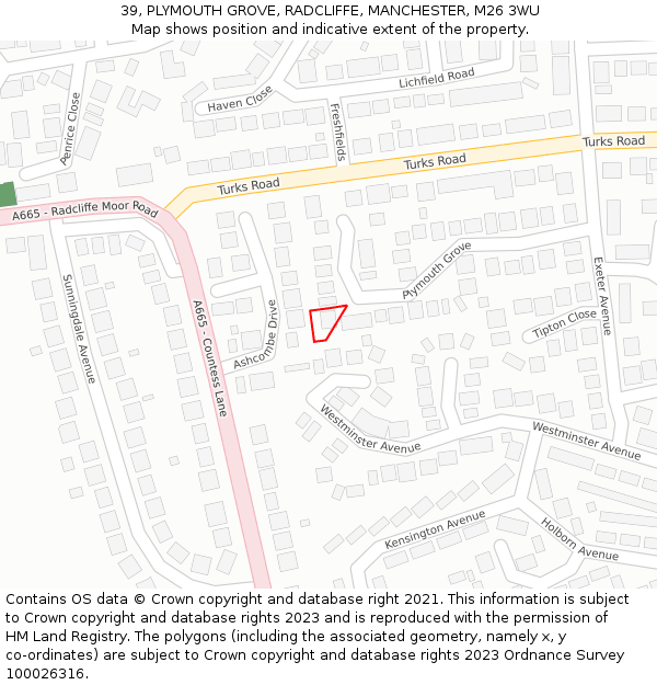 39, PLYMOUTH GROVE, RADCLIFFE, MANCHESTER, M26 3WU: Location map and indicative extent of plot