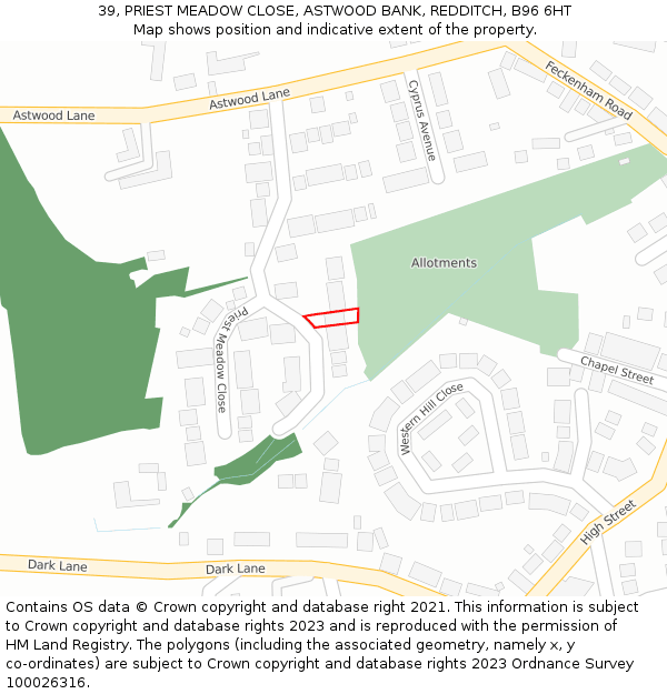 39, PRIEST MEADOW CLOSE, ASTWOOD BANK, REDDITCH, B96 6HT: Location map and indicative extent of plot
