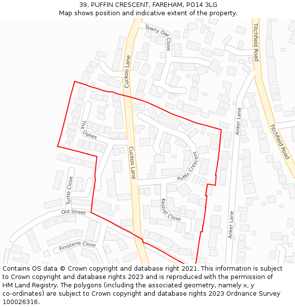 39, PUFFIN CRESCENT, FAREHAM, PO14 3LG: Location map and indicative extent of plot