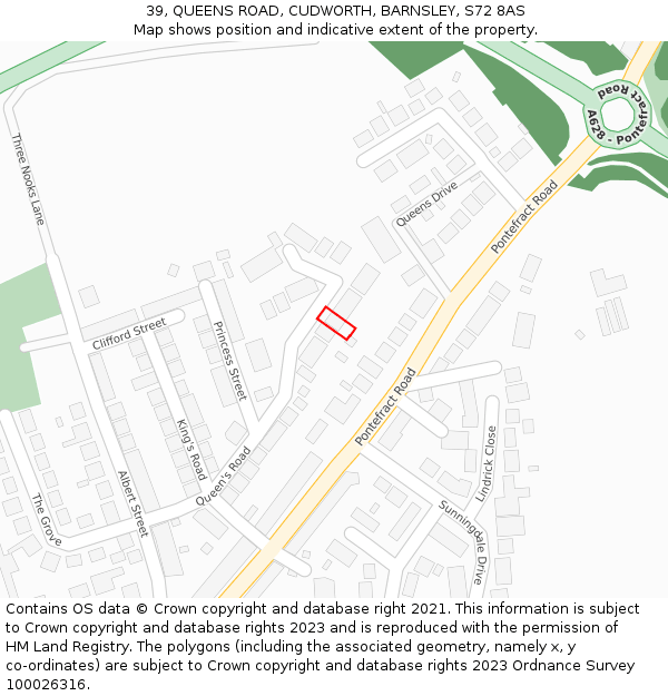 39, QUEENS ROAD, CUDWORTH, BARNSLEY, S72 8AS: Location map and indicative extent of plot