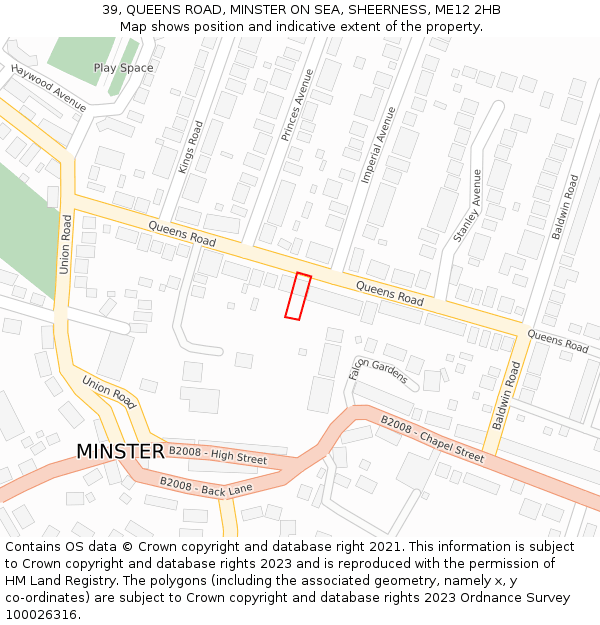 39, QUEENS ROAD, MINSTER ON SEA, SHEERNESS, ME12 2HB: Location map and indicative extent of plot