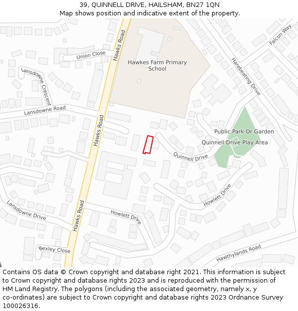 39, QUINNELL DRIVE, HAILSHAM, BN27 1QN: Location map and indicative extent of plot