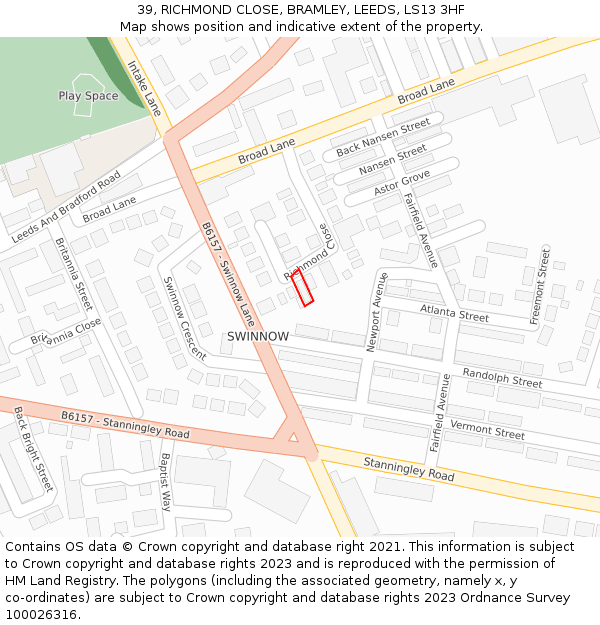 39, RICHMOND CLOSE, BRAMLEY, LEEDS, LS13 3HF: Location map and indicative extent of plot