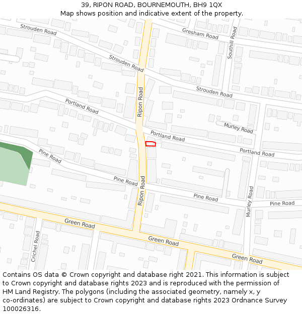 39, RIPON ROAD, BOURNEMOUTH, BH9 1QX: Location map and indicative extent of plot