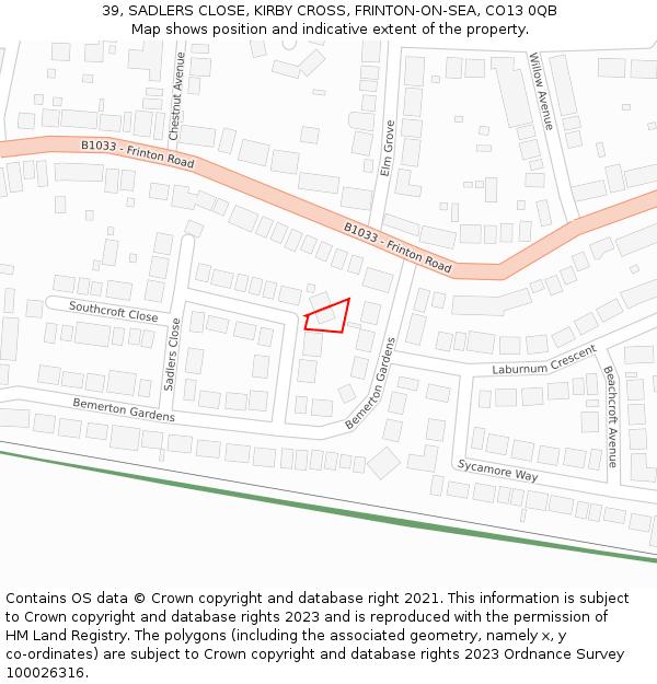 39, SADLERS CLOSE, KIRBY CROSS, FRINTON-ON-SEA, CO13 0QB: Location map and indicative extent of plot