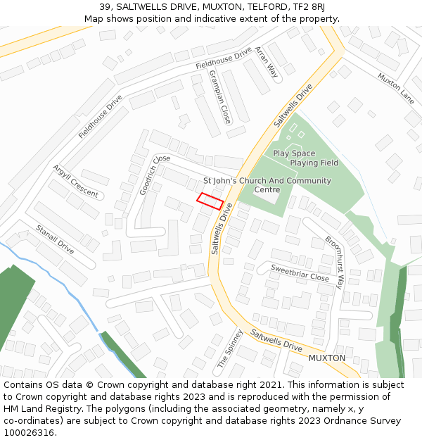 39, SALTWELLS DRIVE, MUXTON, TELFORD, TF2 8RJ: Location map and indicative extent of plot