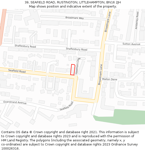39, SEAFIELD ROAD, RUSTINGTON, LITTLEHAMPTON, BN16 2JH: Location map and indicative extent of plot