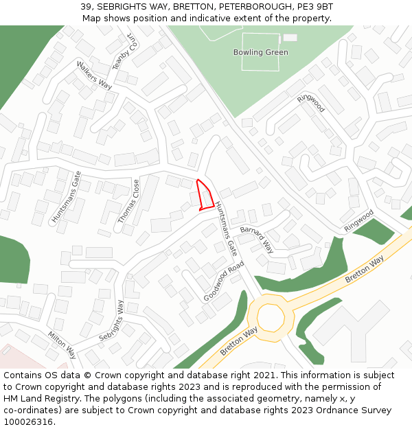39, SEBRIGHTS WAY, BRETTON, PETERBOROUGH, PE3 9BT: Location map and indicative extent of plot