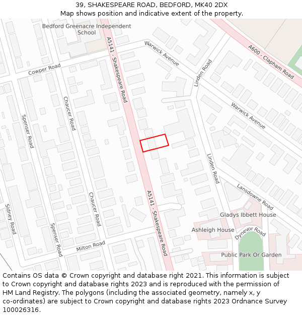 39, SHAKESPEARE ROAD, BEDFORD, MK40 2DX: Location map and indicative extent of plot