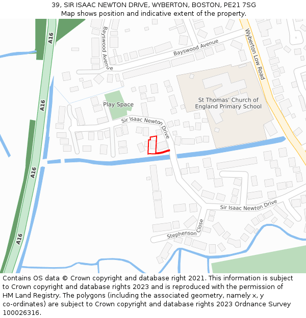39, SIR ISAAC NEWTON DRIVE, WYBERTON, BOSTON, PE21 7SG: Location map and indicative extent of plot
