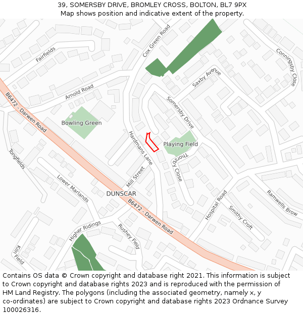 39, SOMERSBY DRIVE, BROMLEY CROSS, BOLTON, BL7 9PX: Location map and indicative extent of plot