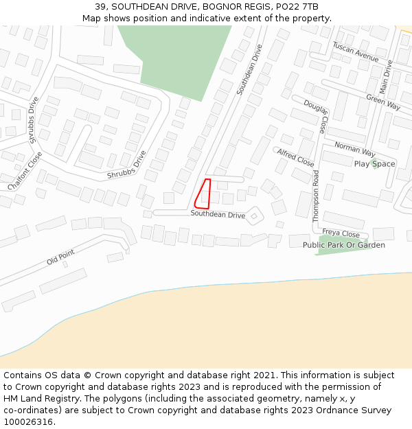 39, SOUTHDEAN DRIVE, BOGNOR REGIS, PO22 7TB: Location map and indicative extent of plot