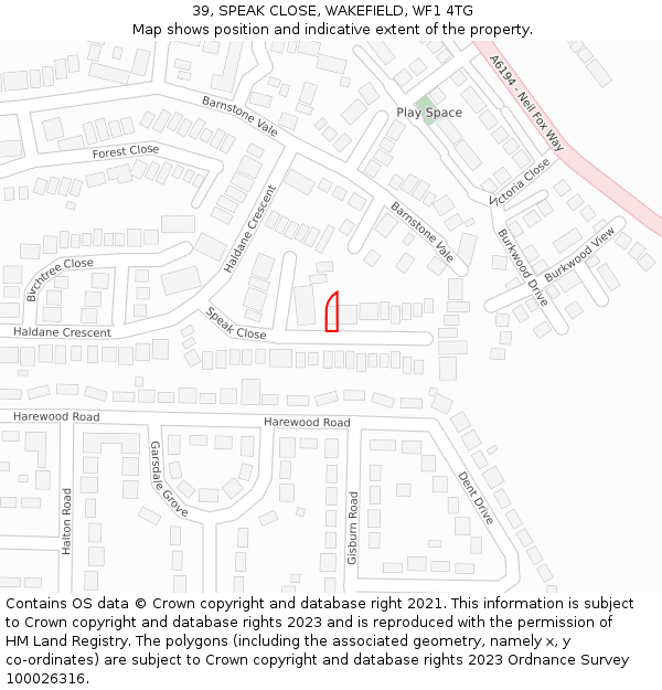 39, SPEAK CLOSE, WAKEFIELD, WF1 4TG: Location map and indicative extent of plot